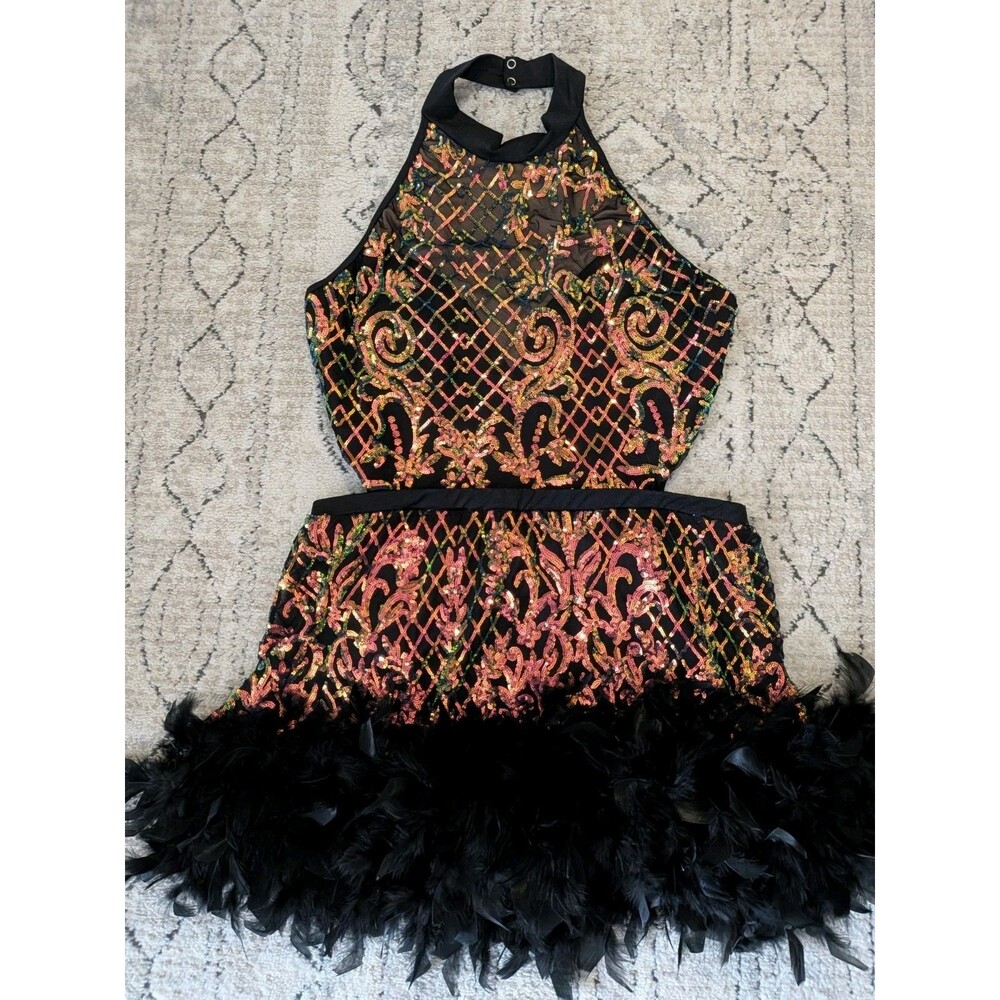 Tenth House Sequin Dance Competition Costume Feather Skirt Halter Women L/XL